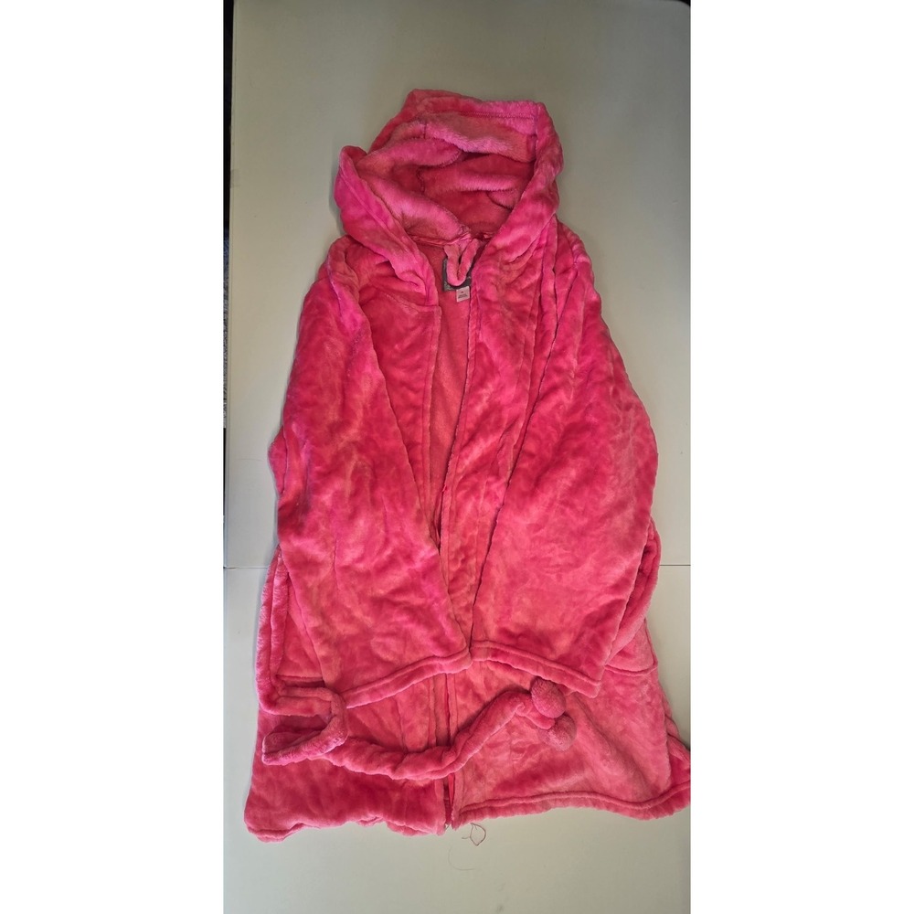 438 Pink Plush Hooded Robe 1X Soft Fleece Wrap Lounge Bathrobe Tie Waist